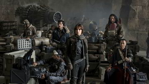 Star Wars: Rogue One..L to R: Actors Riz Ahmed, Diego Luna, Felicity Jones, Jiang Wen and Donnie Yen..Photo Credit: Jonathan Olley..©Lucasfilm 2016 ---